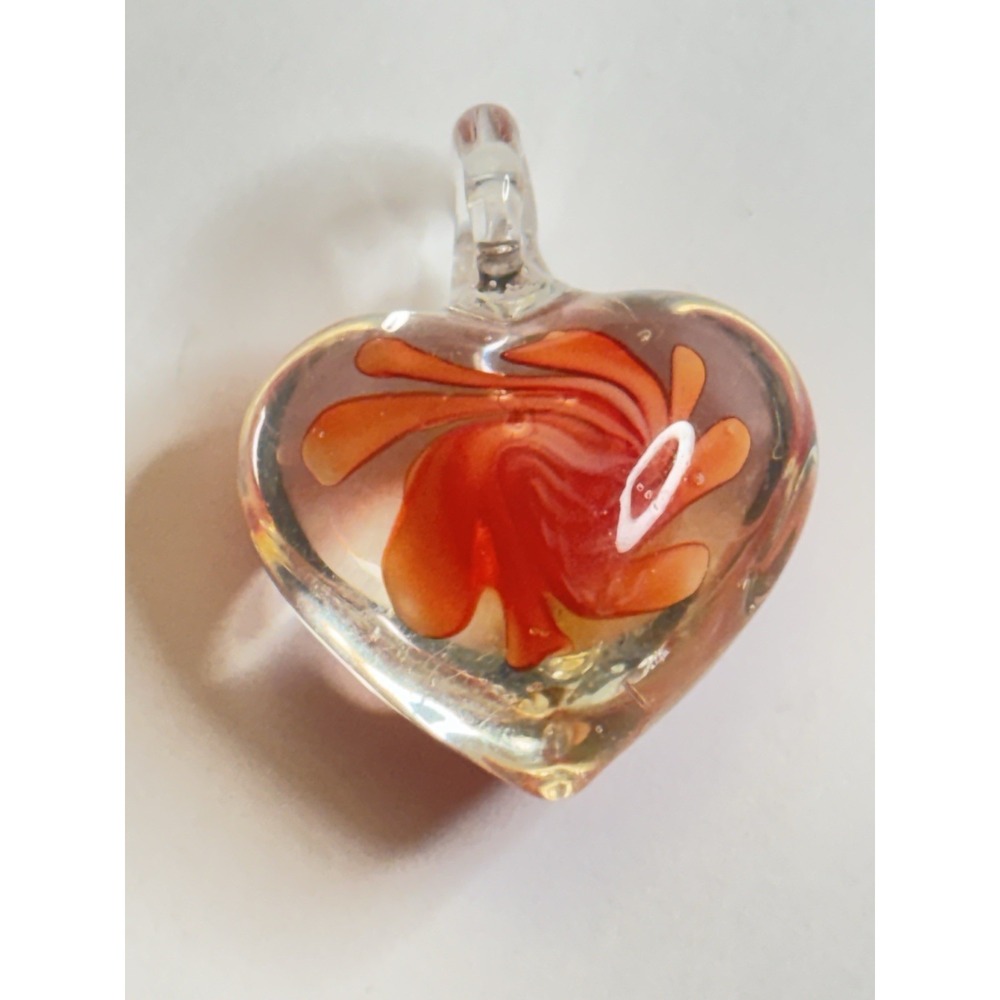 Lampwork Art Glass Heart Pendant Red Orange Swirl Handmade Style 1"